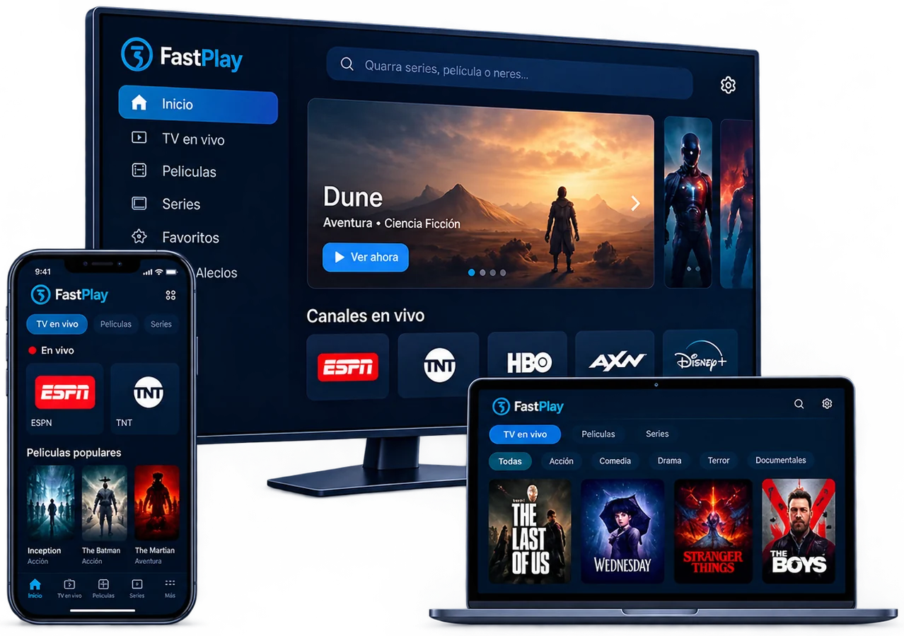 FastPlay en un televisor, un teléfono y una laptop
